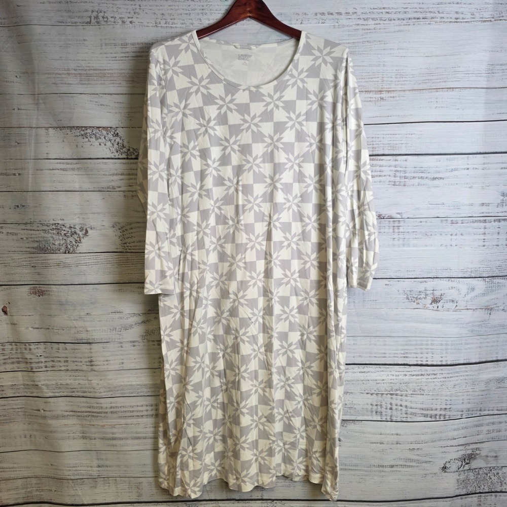 Lands End Womens 1X Grey White Star Print Cotton Long Sleeve Nightgown 492950
